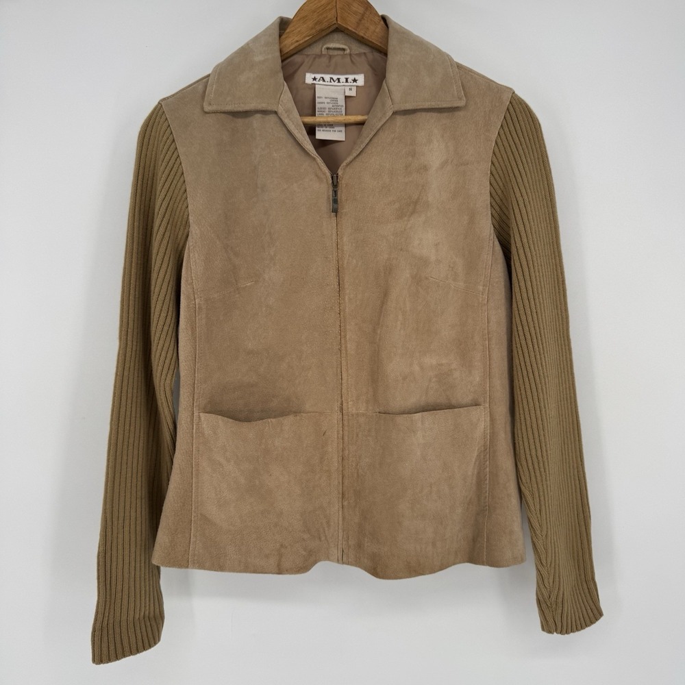 AMI‎ Suede Knit Sweater Jacket Women's Small Tan Lined Vintage 90s Boho Hippie